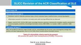 Petri M, et al. Arthritis Rheum
2009;60:S338.
SLICC Revision of the ACR Classification of SLE
Renal biopsy OR
Clinical criteria (at least 1)
• Cutaneous: acute or subacute cutaneous lupus, chronic cutaneous lupus, nasal/oral ulcers, nonscarring alopecia
• Inflammatory synovitis in ≥2 joints or ≥2 tender joints with morning stiffness that are observed
• Organs: renal (U Pr/Cr >0.5G or RBC casts), neurologic (seizures, psychosis, mononeuritis multiplex, myelitis, peripheral or
cranial neuropathy, cerebritis), hematologic (hemolytic anemia, WBC<4000 x 1 or lymphs <1000 x 1, platelets <100K
once)
Laboratory (at least 1)
ANA, anti ds DNA (2x reference range if ELISA), anti Sm, anticardiolipin Ab 2X normal, lupus anticoagulant, biologic false
positive, anti beta-2 glycoprotein, low C3, C4 or CH50, direct Coombs without hemolytic anemia
Total of 4 clinical/lab criteria need to be present
94% sensitive, 92% specific, fewer misclassifications (P=0.0082). 716 scenarios.
 