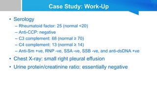 Case Study: Work-Up
• Serology
– Rheumatoid factor: 25 (normal <20)
– Anti-CCP: negative
– C3 complement: 68 (normal ≥ 70)
– C4 complement: 13 (normal ≥ 14)
– Anti-Sm +ve, RNP -ve, SSA -ve, SSB -ve, and anti-dsDNA +ve
• Chest X-ray: small right pleural effusion
• Urine protein/creatinine ratio: essentially negative
 
