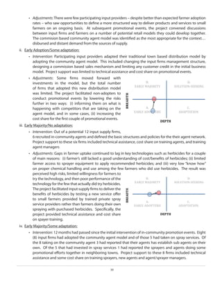 •	 Adjustments: There were few participating input providers – despite better than expected farmer adoption
rates – who saw opportunities to define a more structured way to deliver products and services to small
farmers on an ongoing basis. At subsequent promotional events, the project convened discussions
between input firms and farmers on a number of potential retail models they could develop together.
The commision based community agent model was identified as the most appropriate for the context…
disbursed and distant demand from the sources of supply.
ii.	 Early Adoption/Some adaptation:
•	 Intervention: Participating input providers adapted their traditional town based distribution model by
adopting the community agent model. This included changing the input firms management structure,
designing a commission based sales mechanism and limiting any customer credit in the initial business
model. Project support was limited to technical assistance and cost share on promotional events.
•	 Adjustments: Some firms moved forward with
investments in the model, but the total number
of firms that adopted this new disbribution model
was limited. The project facilitated non-adopters to
conduct promotional events by lowering the risks
further in two ways: (i) informing them on what is
happening with competitors that are taking on the
agent model, and in some cases, (ii) increasing the
cost share for the first couple of promotional events.
iii.	 Early Majority/No adaptation:
•	 Intervention: Out of a potential 12 input supply firms,
6 recruited in-community agents and defined the basic structures and policies for the their agent network.
Project support to these six firms included technical assistance, cost share on training agents, and training
agent managers
•	 Adjustments: Gaps in farmer uptake continued to lag in key technologies such as herbicides for a couple
of main reasons: (i) farmer’s still lacked a good understanding of cost/benefits of herbicides; (ii) limited
farmer access to sprayer equipment to apply recommended herbicides; and (iii) very low “know how”
on proper chemical handling and use among the few farmers who did use herbicides. The result was
perceived high risks, limited willingness for farmers to
try the technology, and then poor performance of the
technology for the few that actually did try herbicides.
The project facilitated input supply firms to deliver the
benefits of herbicides by testing a new service offer
to small farmers provided by trained private spray
service providers rather than farmers doing their own
spraying with purchased herbicides. Specifically, the
project provided technical assistance and cost share
on spayer training.
iv.	 Early Majority/Some adaptation:
•	 Intervention: 12 months had passed since the initial intervention of in-community promotion events. Eight
(8) input firms had adopted the community agent model and of those 5 had taken on spray services. Of
the 8 taking on the community agent 3 had reported that their agents has establish sub agents on their
own. Of the 5 that had invested in spray services 1 had reported the sprayers and agents doing some
promotional efforts together in neighboring towns. Project support to these 8 firms included technical
assistance and some cost share on training sprayers, new agents and agent/sprayer managers.
39

 