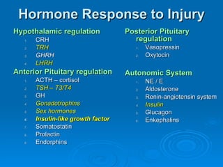 Hormone Response to Injury Hypothalamic regulation CRH TRH GHRH LHRH Anterior Pituitary regulation ACTH – cortisol TSH – T3/T4 GH Gonadotrophins Sex hormones Insulin-like growth factor Somatostatin Prolactin Endorphins Posterior Pituitary regulation Vasopressin Oxytocin Autonomic System NE / E Aldosterone Renin-angiotensin system Insulin Glucagon Enkephalins 