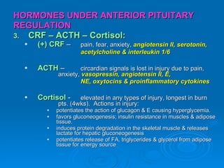 HORMONES UNDER ANTERIOR PITUITARY REGULATION CRF – ACTH – Cortisol: (+) CRF  –  pain, fear, anxiety,  angiotensin II, serotonin,  acetylcholine & interleukin 1/6 ACTH  –  circardian signals is lost in injury due to pain,  anxiety,  vasopressin, angiotensin II, E,  NE, oxytocins & proinflammatory cytokines Cortisol  -  elevated in any types of injury, longest in burn  pts. (4wks).  Actions in injury: potentiates the action of glucagon & E causing hyperglycemia. favors gluconeogenesis; insulin resistance in muscles & adipose tissue. induces protein degradation in the skeletal muscle & releases lactate for hepatic gluconeogenesis  potentiates release of FA, triglycerides & glycerol from adipose tissue for energy source 