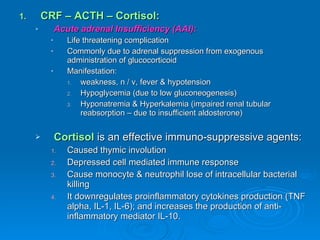 CRF – ACTH – Cortisol: Acute adrenal Insufficiency (AAI): Life threatening complication Commonly due to adrenal suppression from exogenous administration of glucocorticoid Manifestation: weakness, n / v, fever & hypotension Hypoglycemia (due to low gluconeogenesis) Hyponatremia & Hyperkalemia (impaired renal tubular reabsorption – due to insufficient aldosterone)  Cortisol  is an effective immuno-suppressive agents: Caused thymic involution Depressed cell mediated immune response Cause monocyte & neutrophil lose of intracellular bacterial killing It downregulates proinflammatory cytokines production (TNF alpha, IL-1, IL-6); and increases the production of anti-inflammatory mediator IL-10. 