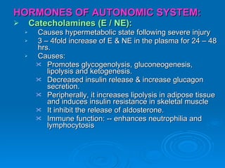 HORMONES OF AUTONOMIC SYSTEM: Catecholamines (E / NE): Causes hypermetabolic state following severe injury 3 – 4fold increase of E & NE in the plasma for 24 – 48 hrs. Causes: Promotes glycogenolysis, gluconeogenesis, lipolysis and ketogenesis. Decreased insulin release & increase glucagon secretion. Peripherally, it increases lipolysis in adipose tissue and induces insulin resistance in skeletal muscle It inhibit the release of aldosterone. Immune function: -- enhances neutrophilia and lymphocytosis 