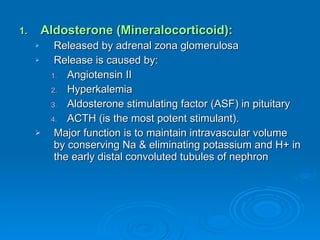Aldosterone (Mineralocorticoid): Released by adrenal zona glomerulosa Release is caused by: Angiotensin II Hyperkalemia Aldosterone stimulating factor (ASF) in pituitary ACTH (is the most potent stimulant). Major function is to maintain intravascular volume by conserving Na & eliminating potassium and H+ in the early distal convoluted tubules of nephron 