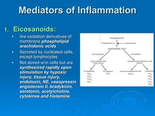 Mediators of Inflammation Eicosanoids: Are oxidation derivatives of membrane  phospholipid arachidonic acids Secreted by nucleated cells, except lymphocytes Not stored w/in cells but are  synthesized rapidly upon stimulation by hypoxic injury, tissue injury, endotoxin, NE, vasopressin angiotensin II, bradykinin, serotonin, acetylcholine, cytokines and histamine  
