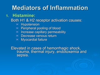 Mediators of Inflammation Histamine: Both H1 & H2 receptor activation causes: Hypotension Peripheral pooling of blood Increase capillary permeability Decrease venous return Myocardial failure Elevated in cases of hemorrhagic shock, trauma, thermal injury, endotoxemia and sepsis. 