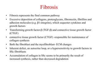 Fibrosis
• Fibrosis represents the final common pathway
• Excessive deposition of collagens, proteoglycans, fibronectin, fibrillins and
adhesion molecules (e.g. β1-integrins), which sequester cytokines and
growth factors
• Transforming growth factor-β (TGF-β) and connective tissue growth factor
(CTGF)
• connective tissue growth factor (CTGF) -responsible for maintenance of
collagen synthesis
• Both the fibroblast and the myofibroblast- ECM changes
• Inherent defect, an autocrine loop, or a hypersensitivity to growth factors in
SSc fibroblasts
• Accumulation of collagen in SSc seems to be primarily the result of
increased synthesis, rather than decreased degradation
 