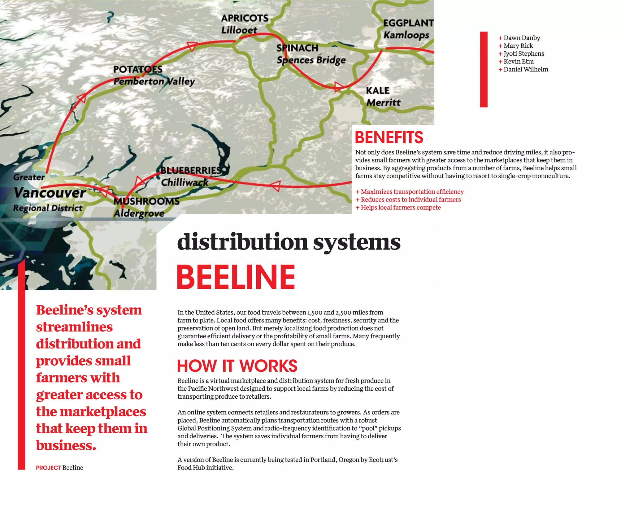 provides small                                     HOW IT WORKS                                       PROJECT Beeline

                                         farmers with                                                                                          LOCATION Portland, Oregon
                                                                                            Beeline is a virtual marketplace and distribution system for fresh produce in
                                                                                            the Paciﬁc Northwest designed to support local farms by reducing the cost of
                                                                                                                                                + Dawn Danby
                                         greater access to                                  transporting produce to retailers.                  + Mary Rick
                                                                                                                                                + Jyoti Stephens
                                         the marketplaces                                   An online system connects retailers and restaurateurs to growers. As orders are
                                                                                                                                                + Kevin Etra
                                                                                            placed, Beeline automatically plans transportation + Daniel Wilhelm
                                                                                                                                                routes with a robust
                                         that keep them in                                  Global Positioning System and radio-frequency identiﬁcation to “pool” pickups
                                                                                            and deliveries. The system saves individual farmers from having to deliver
                                         business.                                          their own product.

                                                                                            A version of Beeline is currently being tested in Portland, Oregon by Ecotrust’s
                                         PROJECT Beeline                                    Food Hub initiative.
                                         LOCATION Portland, Oregon

                                         + Dawn Danby
                                         + Mary Rick
                                                                                            BENEFITS
                                         + Jyoti Stephens                                   Not only does Beeline’s system save time and reduce driving miles, it also pro-
                                         + Kevin Etra                                       vides small farmers with greater access to the marketplaces that keep them in
                                         + Daniel Wilhelm                                   business. By aggregating products from a number of farms, Beeline helps small
                                                                                            farms stay competitive without having to resort to single-crop monoculture.

                                                                                            + Maximizes transportation efﬁciency
                                                                                            + Reduces costs to individual farmers
                                                                                                                                               Beeline’s use of technology
                                                                                            + Helps local farmers compete
                                                                                                                                               allows drivers to link pick ups and
                                                                                           Diagrams courtesy Dawn Danby and Paul Waggoner
                                                                                                                                               deliveries as shown above.
                                                                                                                                               Handheld digital assistants


                            distribution systems
                                                                                                                                               connect distributors to markets
                                                                                                                                               (below). Ecotrust is currently
                                                                                                                                               testing Beeline in Portland,
                                                                                                                                               Oregon. (delivery shown at right)



                            BEELINE
                                         Beeline’s use of technology
Beeline’s system            In the Unitedallows drivers to link pick ups and
                                          States, our food travels between 1,500 and 2,500 miles from
                            farm to plate. Local food offers many beneﬁts: cost, freshness, security and the
                                         deliveries as shown above.
streamlines                 preservation Handheld digital assistants
                                         of open land. But merely localizing food production does not
                            guarantee efﬁcient delivery or theto markets of small farms. Many frequently
                                         connect distributors proﬁtability
distribution and            make less than ten cents on every dollar spent on their produce.
                                         (below). Ecotrust is currently
                                         testing Beeline in Portland,
provides small              HOW IT WORKS
                                         Oregon. (delivery shown at right)


farmers with                Beeline is a virtual marketplace and distribution system for fresh produce in
                            the Paciﬁc Northwest designed to support local farms by reducing the cost of
greater access to           transporting produce to retailers.

the marketplaces            An online system connects retailers and restaurateurs to growers. As orders are
                            placed, Beeline automatically plans transportation routes with a robust
that keep them in           Global Positioning System and radio-frequency identiﬁcation to “pool” pickups
                            and deliveries. The system saves individual farmers from having to deliver
business.                   their own product.

                            A version of Beeline is currently being tested in Portland, Oregon by Ecotrust’s
PROJECT Beeline             Food Hub initiative.
LOCATION Portland, Oregon

+ Dawn Danby
+ Mary Rick
                            BENEFITS
                            Not only does Beeline’s system save time and reduce driving miles, it also pro-
 