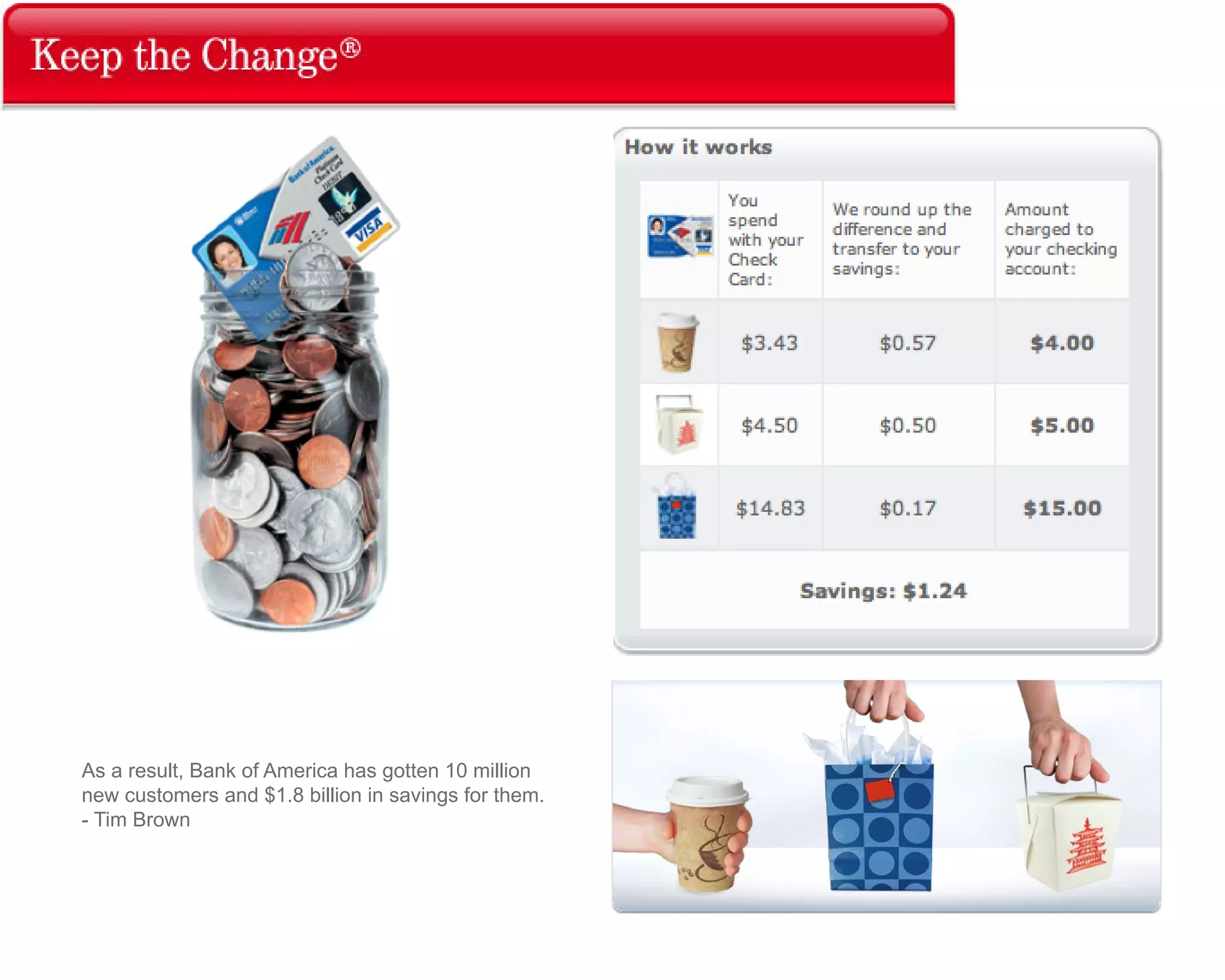 As a result, Bank of America has gotten 10 million
new customers and $1.8 billion in savings for them.
- Tim Brown
 