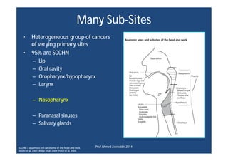 Many Sub-Sites
• Heterogeneous group of cancers
of varying primary sites
• 95% are SCCHN
– Lip
– Oral cavity
– Oropharynx/...