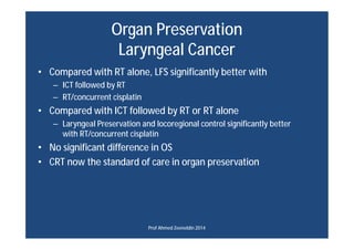 Organ Preservation
Laryngeal Cancer
• Compared with RT alone, LFS significantly better with
– ICT followed by RT
– RT/conc...