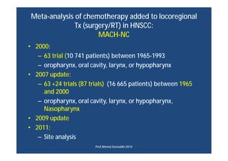 Meta-analysis of chemotherapy added to locoregional
Tx (surgery/RT) in HNSCC:
MACH-NC
• 2000:
– 63 trial (10 741 patients)...