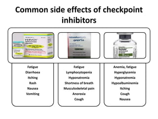 Common side effects of checkpoint
inhibitors
Fatigue
Diarrhoea
Itching
Rash
Nausea
Vomiting
Fatigue
Lymphocytopenia
Hyponatremia
Shortness of breath
Musculoskeletal pain
Anorexia
Cough
Anemia, fatigue
Hyperglycemia
Hyponatremia
Hypoalbuminemia
Itching
Cough
Nausea
 