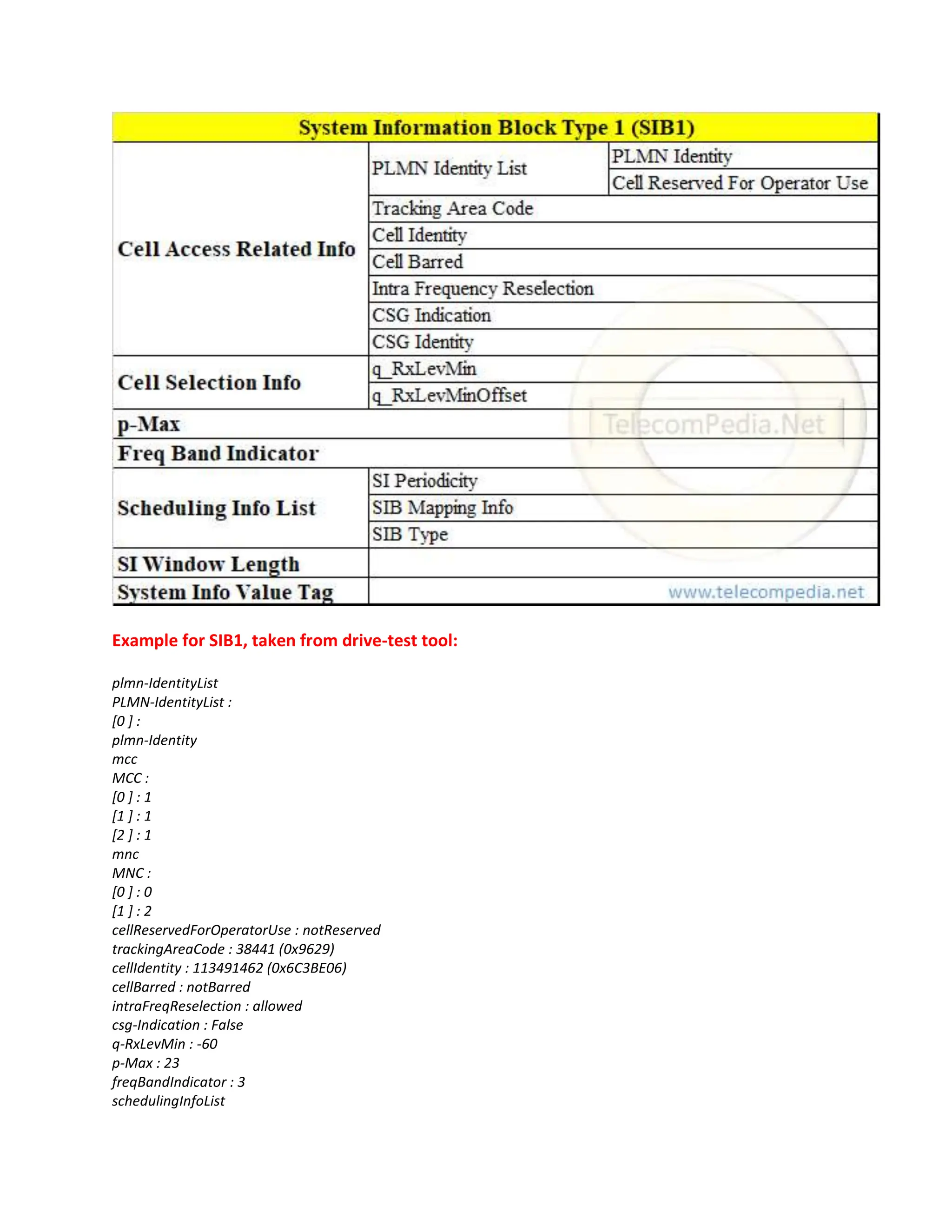 Example for SIB1, taken from drive-test tool:
plmn-IdentityList
PLMN-IdentityList :
[0 ] :
plmn-Identity
mcc
MCC :
[0 ] : 1
[1 ] : 1
[2 ] : 1
mnc
MNC :
[0 ] : 0
[1 ] : 2
cellReservedForOperatorUse : notReserved
trackingAreaCode : 38441 (0x9629)
cellIdentity : 113491462 (0x6C3BE06)
cellBarred : notBarred
intraFreqReselection : allowed
csg-Indication : False
q-RxLevMin : -60
p-Max : 23
freqBandIndicator : 3
schedulingInfoList
 