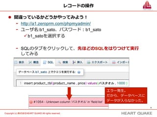 6	
Copyright (c) 株式会社HEART QUAKE All rights reserved .	
レコードの操作
l  間違っているかどうかやってみよう！
-  http://a1.zeroprm.com/phpmyadmin/
-  ユーザ名:b1_sato、パスワード：b1_sato
ü b1_satoを選択する
-  SQLのタブをクリックして、先ほどのSQLをはりつけて実⾏行行 　
してみる
エラー発⽣生。
だから、データベースに
データが⼊入らなかった。
 