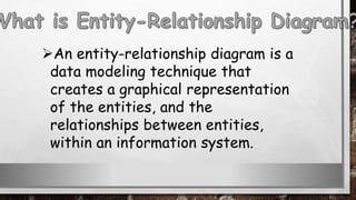 An entity-relationship diagram is a
data modeling technique that
creates a graphical representation
of the entities, and the
relationships between entities,
within an information system.
 