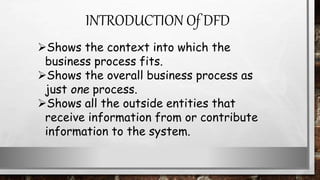 Shows the context into which the
business process fits.
Shows the overall business process as
just one process.
Shows all the outside entities that
receive information from or contribute
information to the system.
INTRODUCTION Of DFD
 