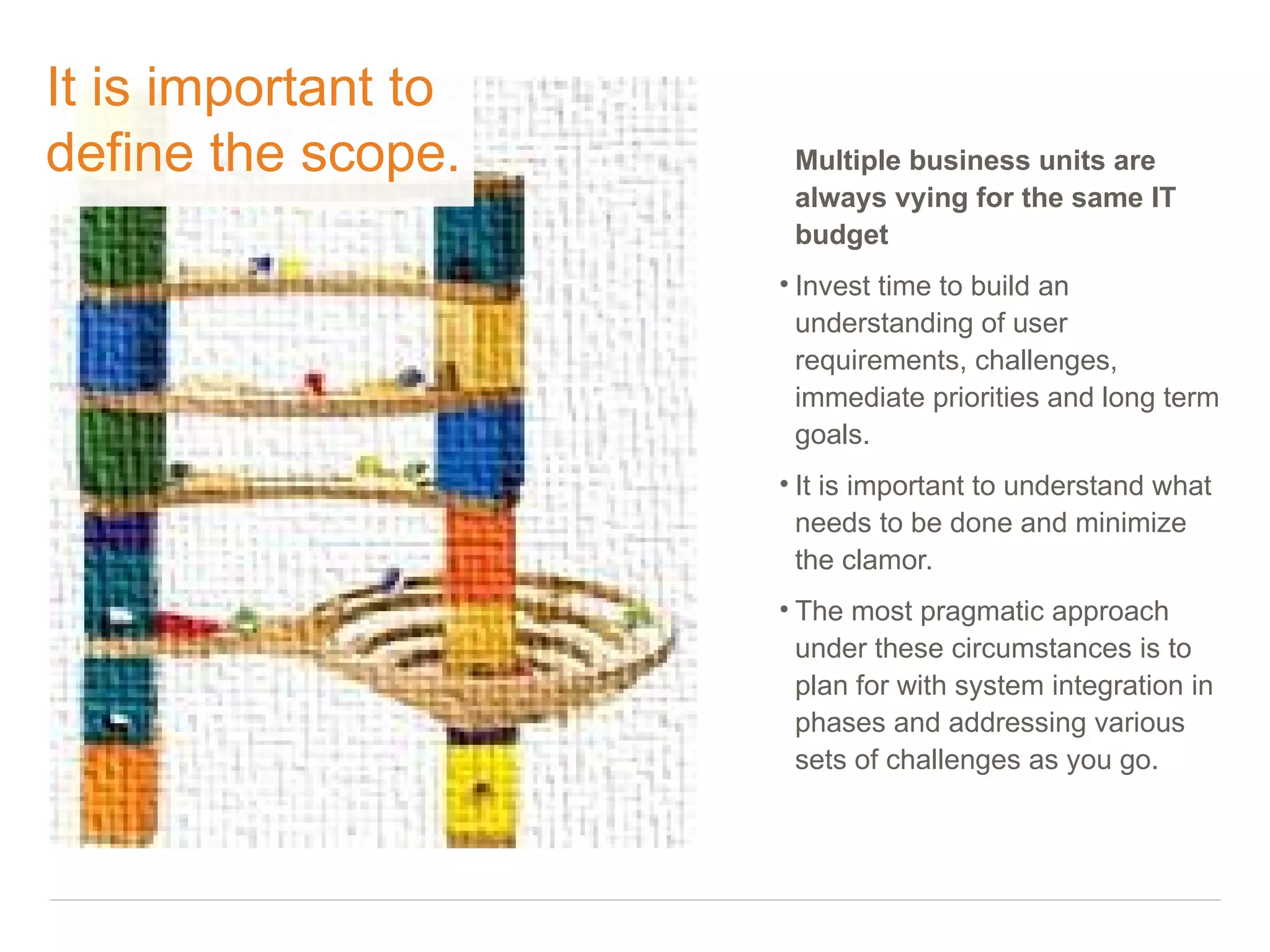 It is important to
define the scope.     Multiple business units are
                      always vying for the same IT
                      budget
                     • Invest time to build an
                       understanding of user
                       requirements, challenges,
                       immediate priorities and long term
                       goals.
                     • It is important to understand what
                       needs to be done and minimize
                       the clamor.
                     • The most pragmatic approach
                       under these circumstances is to
                       plan for with system integration in
                       phases and addressing various
                       sets of challenges as you go.
 