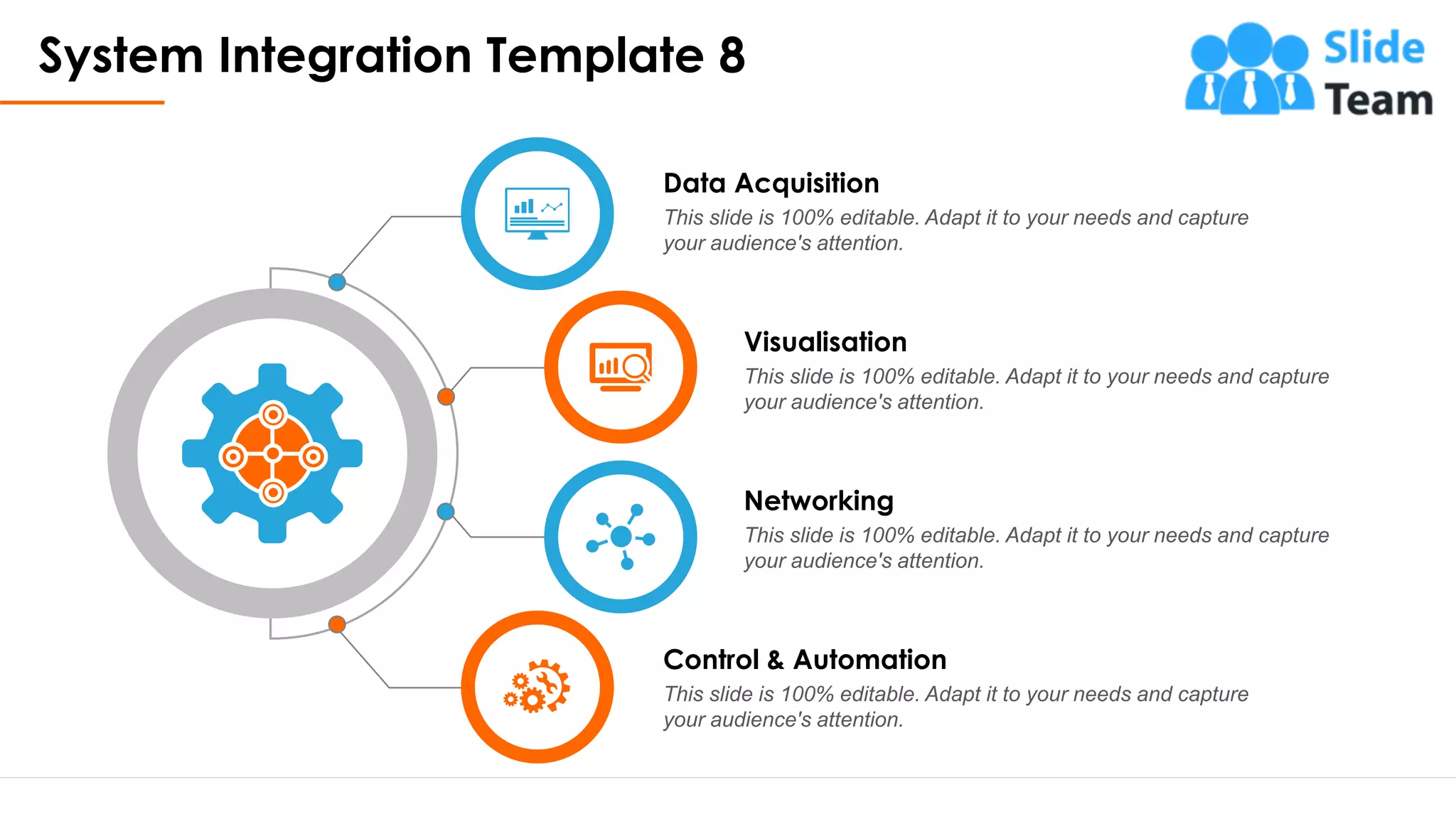 System Integration Template 8
10
Data Acquisition
This slide is 100% editable. Adapt it to your needs and capture
your audience's attention.
Visualisation
This slide is 100% editable. Adapt it to your needs and capture
your audience's attention.
Networking
This slide is 100% editable. Adapt it to your needs and capture
your audience's attention.
Control & Automation
This slide is 100% editable. Adapt it to your needs and capture
your audience's attention.
This slide is 100% editable. Adapt it to your needs and capture your audience's attention.
 
