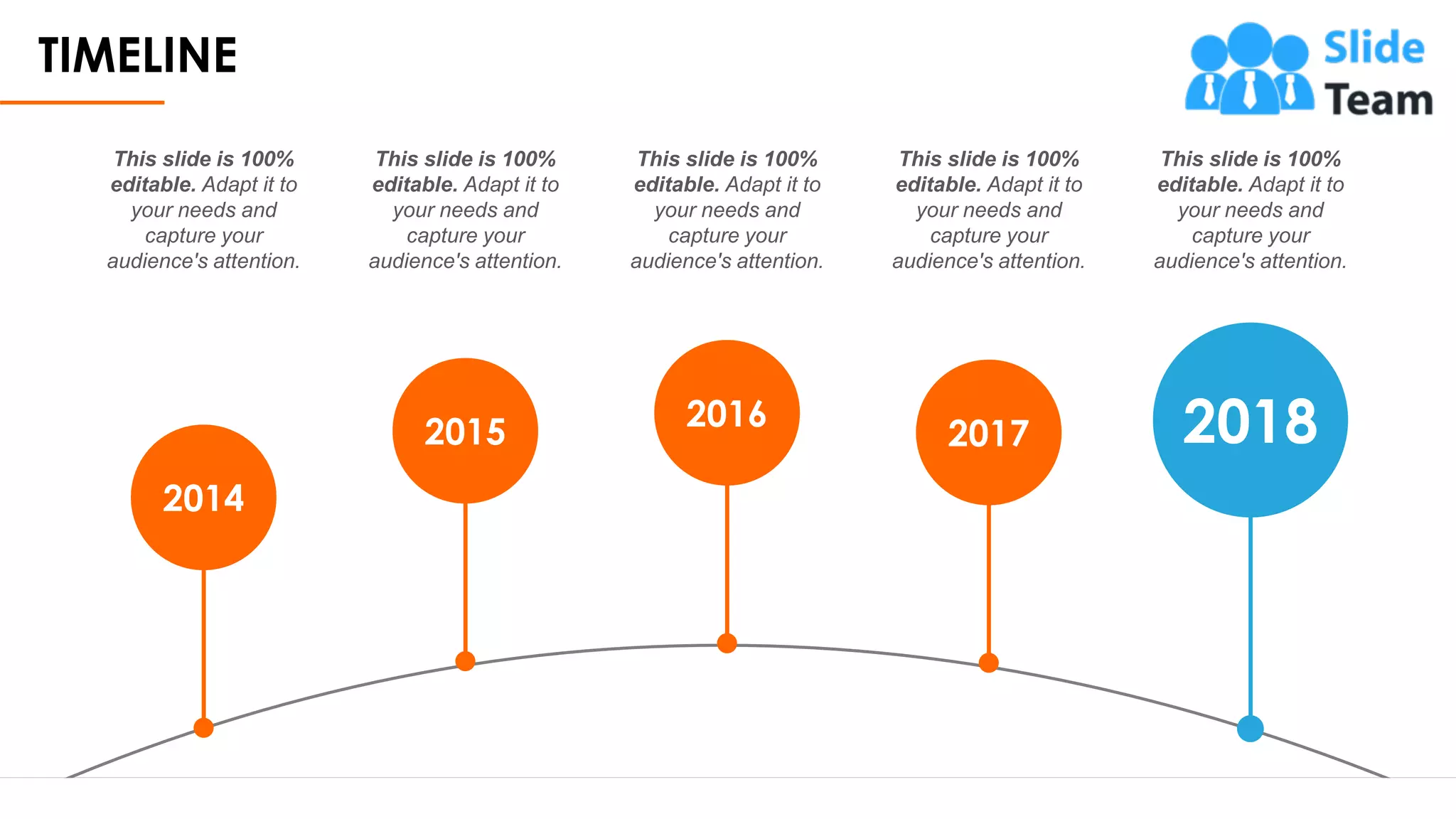 TIMELINE
21
This slide is 100%
editable. Adapt it to
your needs and
capture your
audience's attention.
This slide is 100%
editable. Adapt it to
your needs and
capture your
audience's attention.
This slide is 100%
editable. Adapt it to
your needs and
capture your
audience's attention.
This slide is 100%
editable. Adapt it to
your needs and
capture your
audience's attention.
This slide is 100%
editable. Adapt it to
your needs and
capture your
audience's attention.
2015 2016 2018
2017
2014
This slide is 100% editable. Adapt it to your needs and capture your audience's attention.
 