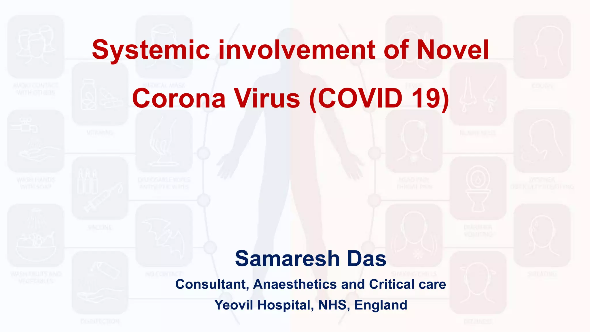 Systemic involvement of Novel
Corona Virus (COVID 19)
Samaresh Das
Consultant, Anaesthetics and Critical care
Yeovil Hospital, NHS, England
 