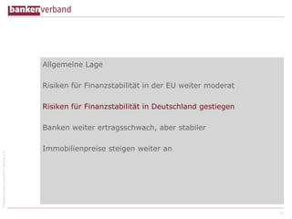 ©BundesverbanddeutscherBankene.V.
Allgemeine Lage
Risiken für Finanzstabilität in der EU weiter moderat
Risiken für Finanzstabilität in Deutschland gestiegen
Banken weiter ertragsschwach, aber stabiler
Immobilienpreise steigen weiter an
14
 