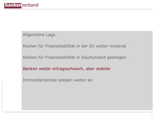 ©BundesverbanddeutscherBankene.V.
Allgemeine Lage
Risiken für Finanzstabilität in der EU weiter moderat
Risiken für Finanzstabilität in Deutschland gestiegen
Banken weiter ertragsschwach, aber stabiler
Immobilienpreise steigen weiter an
18
 