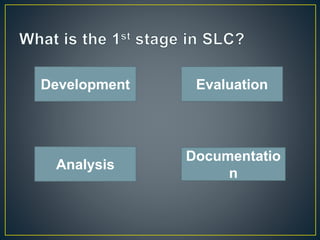 Development Evaluation 
Documentatio 
n 
Analysis 
 