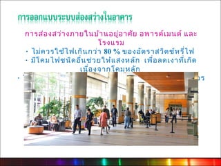 การส่อ งสว่า งภายในบ้า นอยู่อ าศัย อพารต์เ มนต์ และ
                            โรงแรม
   · ไม่ค วรใช้ไ ฟเกิน กว่า 80 % ของอัต ราสวิต ช์ห รี่ไ ฟ
   · มีโ คมไฟชนิด อื่น ช่ว ยให้แ สงหลัก เพื่อ ลดเงาที่เ กิด
                    เนื่อ งจากโคมหลัก
· โคมระย้า ใช้ 20 -25 วัต ต์/ตารางเมตร/ 100 ลัก ซ์ และควร
                  ติด ตั้ง สวิต ช์ไ ฟหรี่ด ้ว ย
 