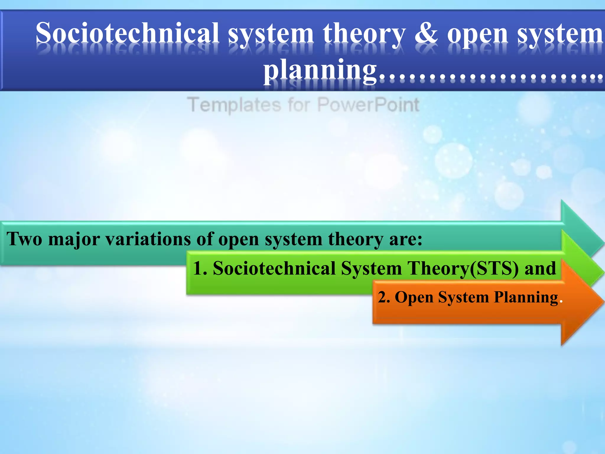 Sociotechnical system theory & open system 
planning………………….. 
Two major variations of open system theory are: 
1. Sociotechnical System Theory(STS) and 
2. Open System Planning. 
 