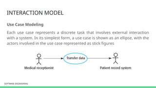 SOFTWARE ENGINEERING
SOFTWARE ENGINEERING
INTERACTION MODEL
Use Case Modeling
Each use case represents a discrete task that involves external interaction
with a system. In its simplest form, a use case is shown as an ellipse, with the
actors involved in the use case represented as stick figures
 