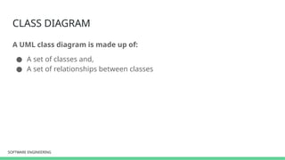 SOFTWARE ENGINEERING
SOFTWARE ENGINEERING
CLASS DIAGRAM
A UML class diagram is made up of:
● A set of classes and,
● A set of relationships between classes
 