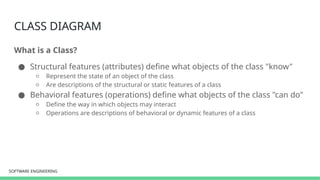 SOFTWARE ENGINEERING
SOFTWARE ENGINEERING
CLASS DIAGRAM
What is a Class?
● Structural features (attributes) define what objects of the class "know"
○ Represent the state of an object of the class
○ Are descriptions of the structural or static features of a class
● Behavioral features (operations) define what objects of the class "can do"
○ Define the way in which objects may interact
○ Operations are descriptions of behavioral or dynamic features of a class
 