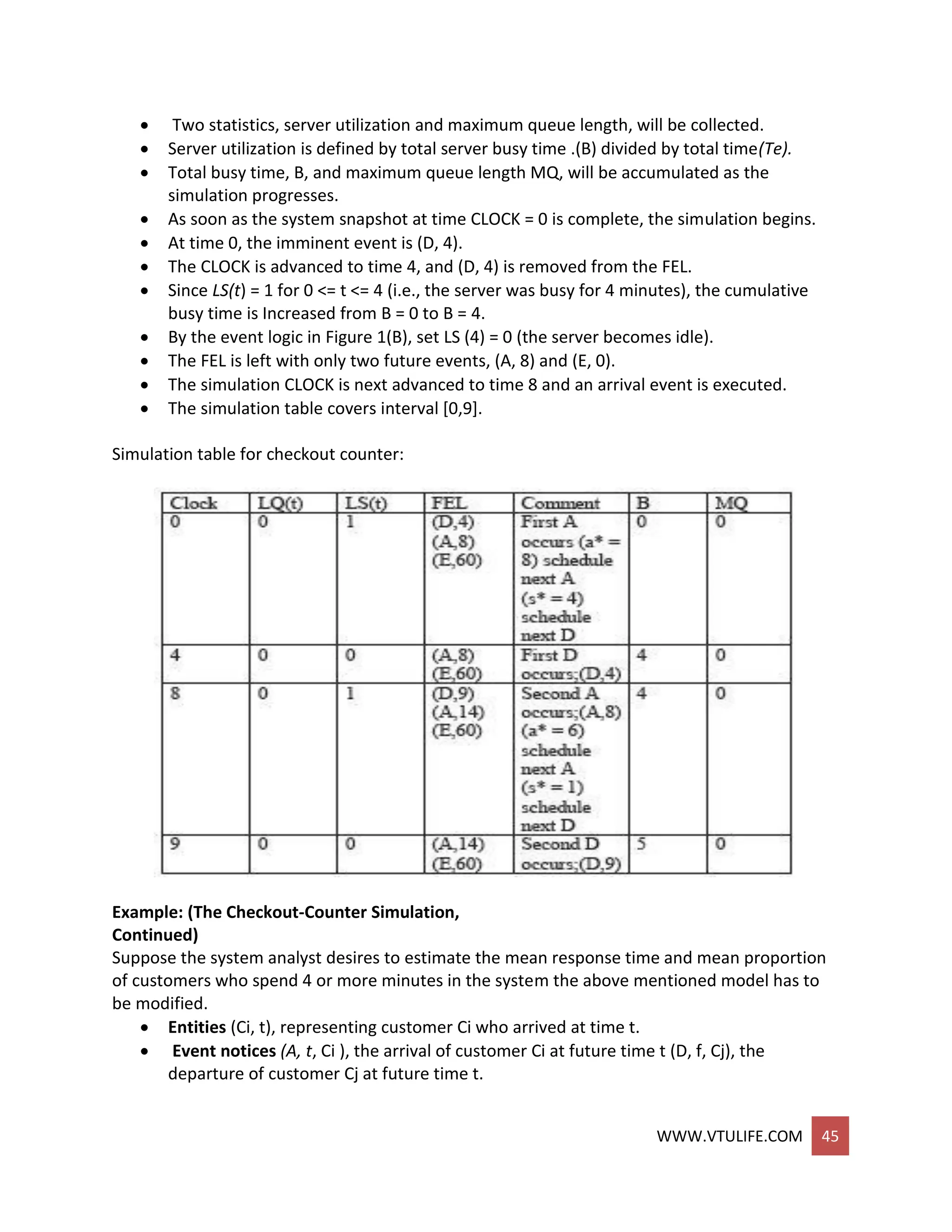 WWW.VTULIFE.COM 45
 Two statistics, server utilization and maximum queue length, will be collected.
 Server utilization is defined by total server busy time .(B) divided by total time(Te).
 Total busy time, B, and maximum queue length MQ, will be accumulated as the
simulation progresses.
 As soon as the system snapshot at time CLOCK = 0 is complete, the simulation begins.
 At time 0, the imminent event is (D, 4).
 The CLOCK is advanced to time 4, and (D, 4) is removed from the FEL.
 Since LS(t) = 1 for 0 <= t <= 4 (i.e., the server was busy for 4 minutes), the cumulative
busy time is Increased from B = 0 to B = 4.
 By the event logic in Figure 1(B), set LS (4) = 0 (the server becomes idle).
 The FEL is left with only two future events, (A, 8) and (E, 0).
 The simulation CLOCK is next advanced to time 8 and an arrival event is executed.
 The simulation table covers interval [0,9].
Simulation table for checkout counter:
Example: (The Checkout-Counter Simulation,
Continued)
Suppose the system analyst desires to estimate the mean response time and mean proportion
of customers who spend 4 or more minutes in the system the above mentioned model has to
be modified.
 Entities (Ci, t), representing customer Ci who arrived at time t.
 Event notices (A, t, Ci ), the arrival of customer Ci at future time t (D, f, Cj), the
departure of customer Cj at future time t.
 