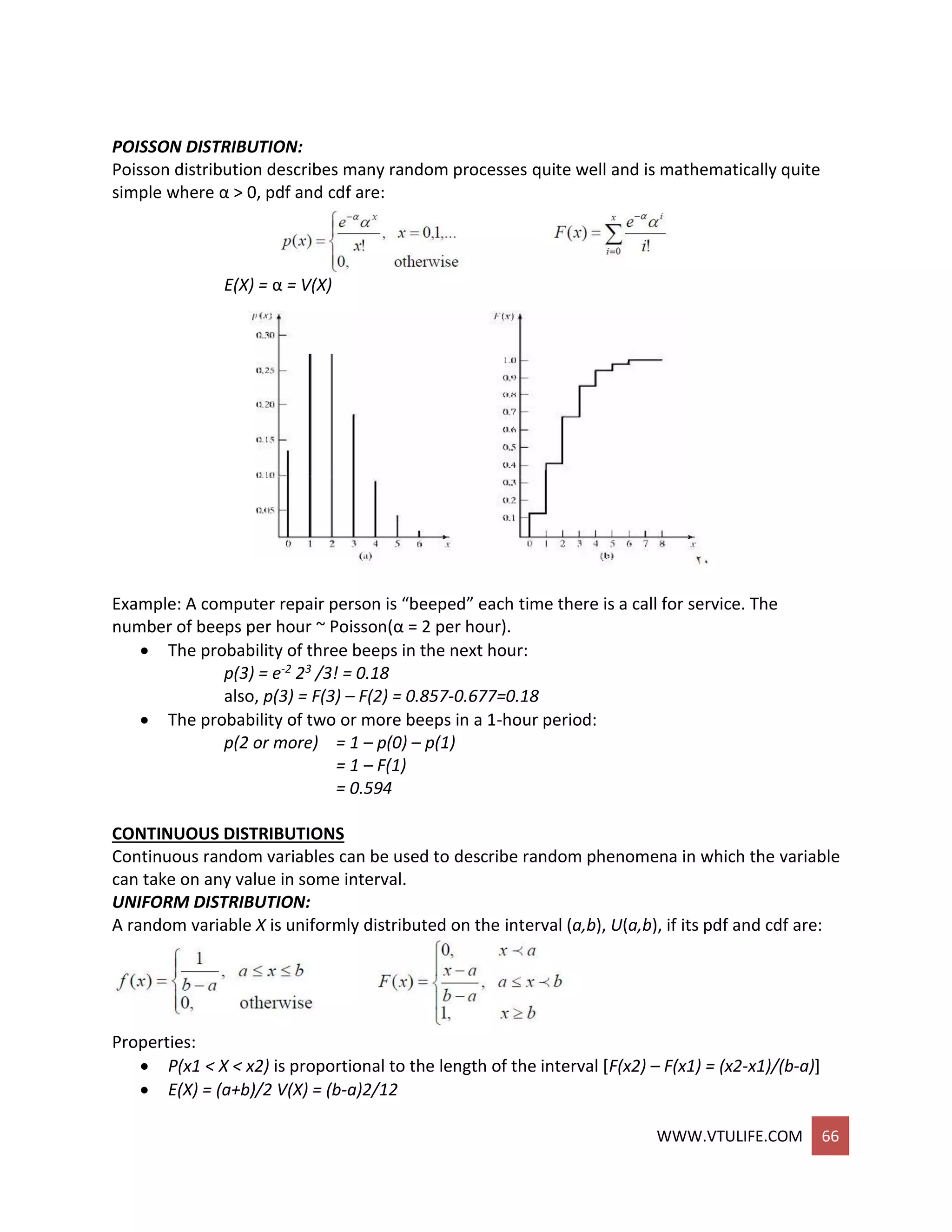WWW.VTULIFE.COM 66
POISSON DISTRIBUTION:
Poisson distribution describes many random processes quite well and is mathematically quite
simple where α > 0, pdf and cdf are:
E(X) = α = V(X)
Example: A computer repair person is “beeped” each time there is a call for service. The
number of beeps per hour ~ Poisson(α = 2 per hour).
 The probability of three beeps in the next hour:
p(3) = e-2 23 /3! = 0.18
also, p(3) = F(3) – F(2) = 0.857-0.677=0.18
 The probability of two or more beeps in a 1-hour period:
p(2 or more) = 1 – p(0) – p(1)
= 1 – F(1)
= 0.594
CONTINUOUS DISTRIBUTIONS
Continuous random variables can be used to describe random phenomena in which the variable
can take on any value in some interval.
UNIFORM DISTRIBUTION:
A random variable X is uniformly distributed on the interval (a,b), U(a,b), if its pdf and cdf are:
Properties:
 P(x1 < X < x2) is proportional to the length of the interval [F(x2) – F(x1) = (x2-x1)/(b-a)]
 E(X) = (a+b)/2 V(X) = (b-a)2/12
 