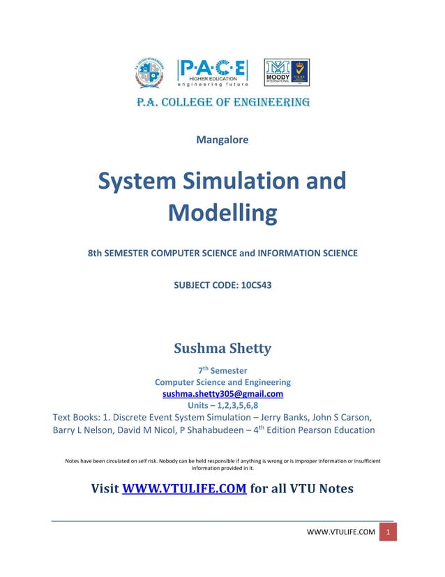System modeling and simulation full notes by sushma shetty (www.vtulife ...