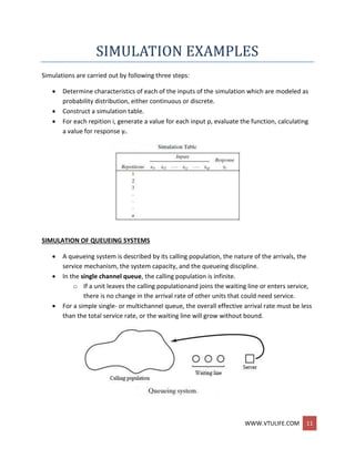 WWW.VTULIFE.COM 11
SIMULATION EXAMPLES
Simulations are carried out by following three steps:
 Determine characteristics of each of the inputs of the simulation which are modeled as
probability distribution, either continuous or discrete.
 Construct a simulation table.
 For each repition i, generate a value for each input p, evaluate the function, calculating
a value for response yi.
SIMULATION OF QUEUEING SYSTEMS
 A queueing system is described by its calling population, the nature of the arrivals, the
service mechanism, the system capacity, and the queueing discipline.
 In the single channel queue, the calling population is infinite.
o If a unit leaves the calling populationand joins the waiting line or enters service,
there is no change in the arrival rate of other units that could need service.
 For a simple single- or multichannel queue, the overall effective arrival rate must be less
than the total service rate, or the waiting line will grow without bound.
 