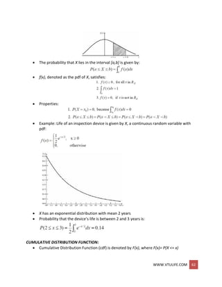 WWW.VTULIFE.COM 62
 The probability that X lies in the interval [a,b] is given by:
 f(x), denoted as the pdf of X, satisfies:
 Properties:
 Example: Life of an inspection device is given by X, a continuous random variable with
pdf:
 X has an exponential distribution with mean 2 years
 Probability that the device’s life is between 2 and 3 years is:
CUMULATIVE DISTRIBUTION FUNCTION:
 Cumulative Distribution Function (cdf) is denoted by F(x), where F(x)= P(X <= x)
 