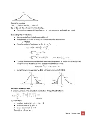WWW.VTULIFE.COM 68
Special properties:
f(μ-x)=f(μ+x); the pdf is symmetric about μ.
 The maximum value of the pdf occurs at x = μ; the mean and mode are equal.
Evaluating the distribution:
 Use numerical methods (no closed form)
 Independent of μ and σ, using the standard normal distribution:
Z ~ N(0,1)
 Transformation of variables: let Z = (X - μ) / σ,
 Example: The time required to load an oceangoing vessel, X, is distributed as N(12,4)
The probability that the vessel is loaded in less than 10 hours:
 Using the symmetry property, Φ(1) is the complement of Φ (-1)
WEIBULL DISTRIBUTION:
A random variable X has a Weibull distribution if its pdf has the form:
3 parameters:
 Location parameter: υ, (−∞ <ν < ∞)
 Scale parameter: β , (β > 0)
 Shape parameter. α, (> 0)
Example: υ = 0 and α = 1:
 