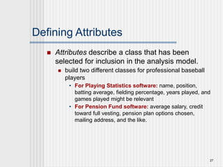 27
Defining Attributes
 Attributes describe a class that has been
selected for inclusion in the analysis model.
 build two different classes for professional baseball
players
• For Playing Statistics software: name, position,
batting average, fielding percentage, years played, and
games played might be relevant
• For Pension Fund software: average salary, credit
toward full vesting, pension plan options chosen,
mailing address, and the like.
 