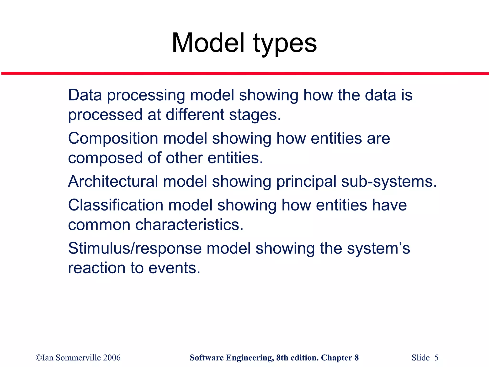 Model types
Data processing model showing how the data is
processed at different stages.
Composition model showing how entities are
composed of other entities.
Architectural model showing principal sub-systems.
Classification model showing how entities have
common characteristics.
Stimulus/response model showing the system’s
reaction to events.

©Ian Sommerville 2006

Software Engineering, 8th edition. Chapter 8

Slide 5

 