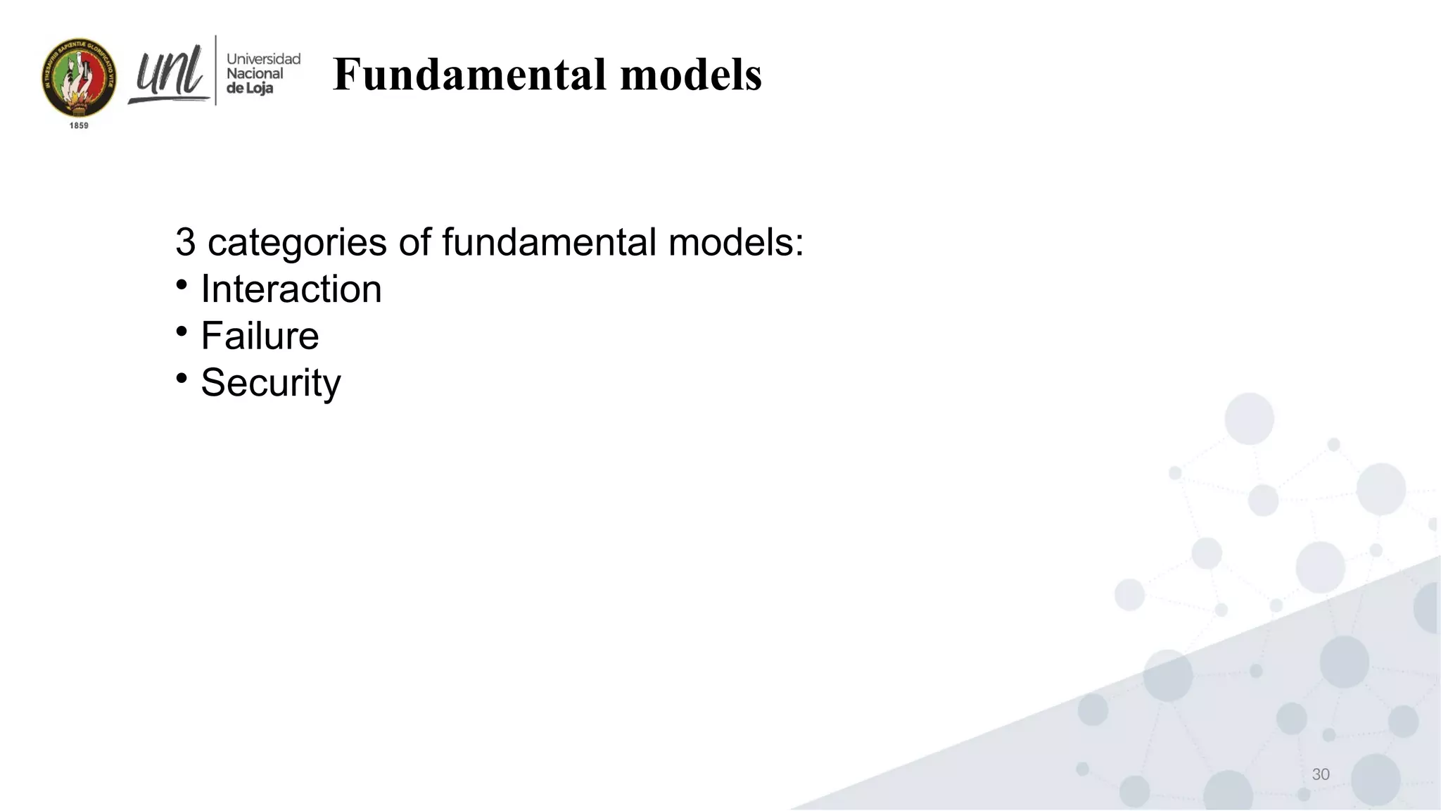 30
Fundamental models
3 categories of fundamental models:

Interaction

Failure

Security
 