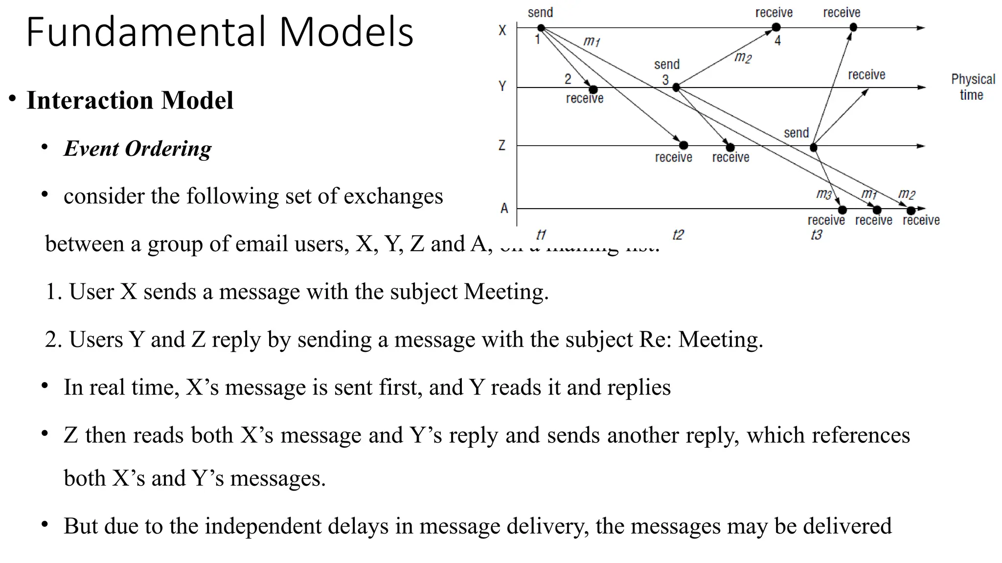 Fundamental Models
• Interaction Model
• Event Ordering
• consider the following set of exchanges
between a group of email users, X, Y, Z and A, on a mailing list:
1. User X sends a message with the subject Meeting.
2. Users Y and Z reply by sending a message with the subject Re: Meeting.
• In real time, X’s message is sent first, and Y reads it and replies
• Z then reads both X’s message and Y’s reply and sends another reply, which references
both X’s and Y’s messages.
• But due to the independent delays in message delivery, the messages may be delivered
 