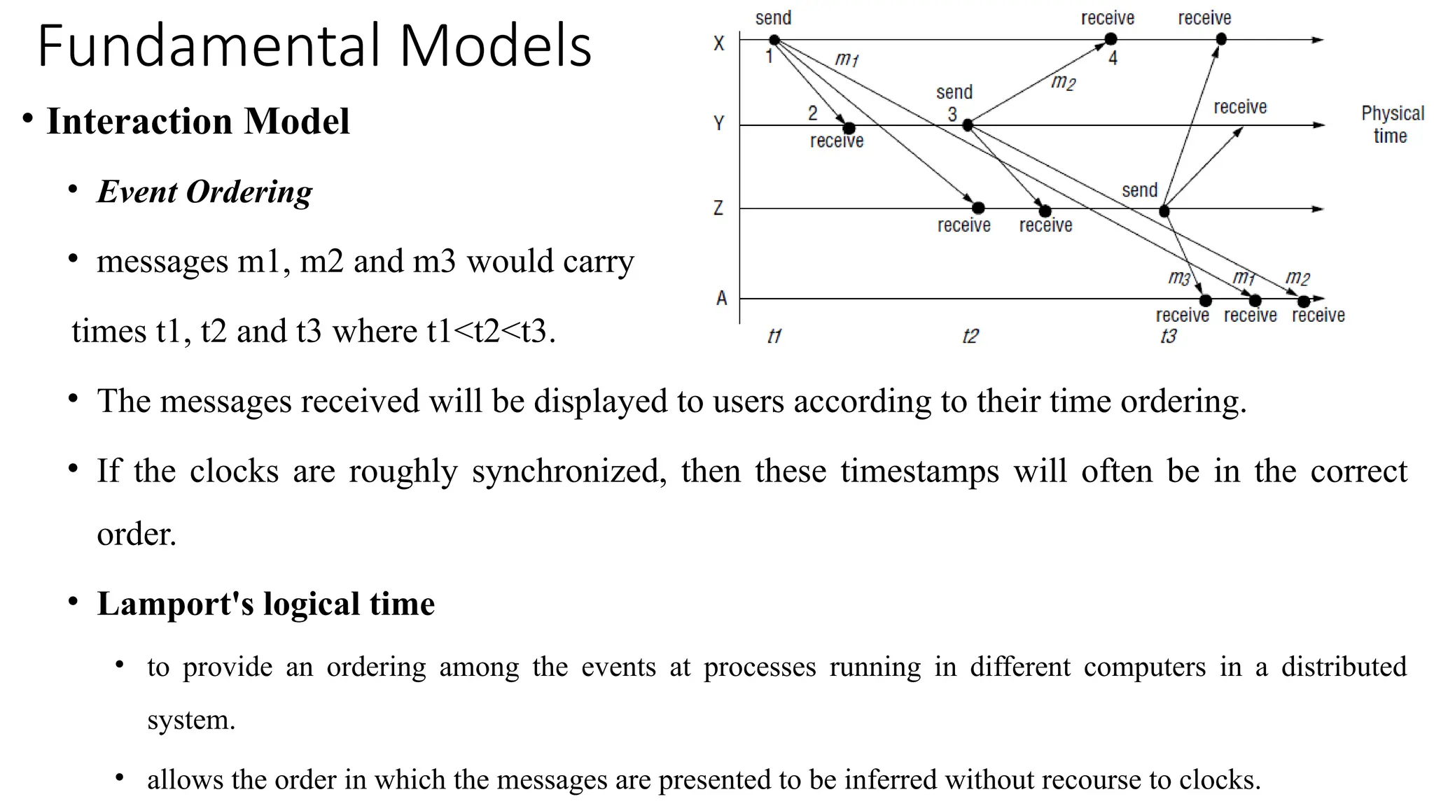Fundamental Models
• Interaction Model
• Event Ordering
• messages m1, m2 and m3 would carry
times t1, t2 and t3 where t1<t2<t3.
• The messages received will be displayed to users according to their time ordering.
• If the clocks are roughly synchronized, then these timestamps will often be in the correct
order.
• Lamport's logical time
• to provide an ordering among the events at processes running in different computers in a distributed
system.
• allows the order in which the messages are presented to be inferred without recourse to clocks.
 