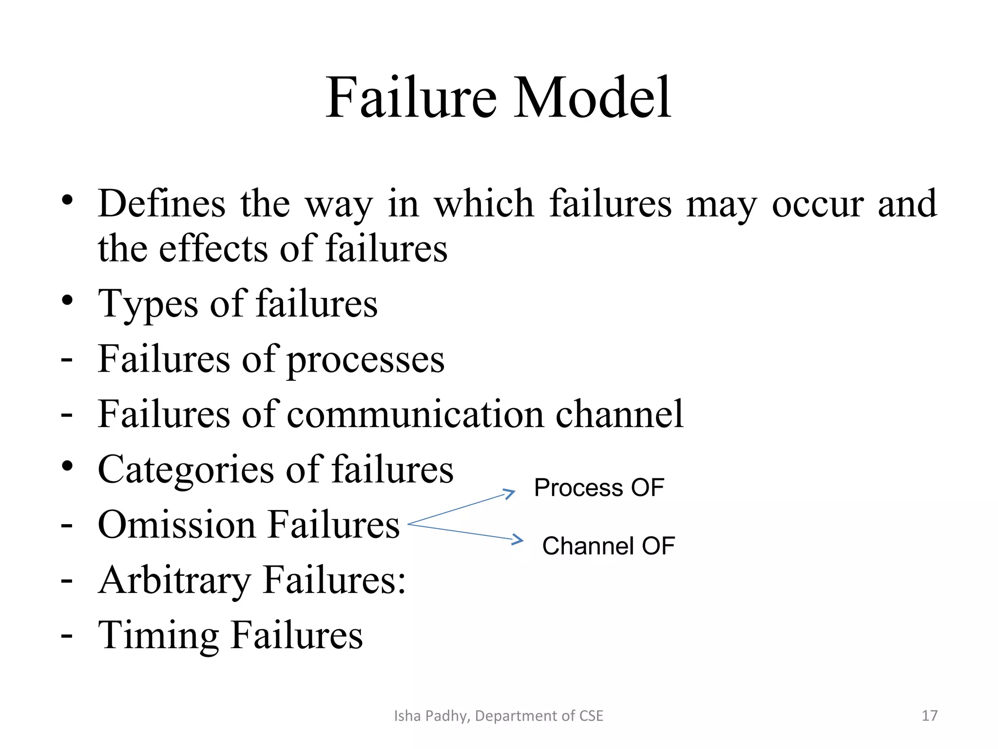 Failure Model
• Defines the way in which failures may occur and
the effects of failures
• Types of failures
- Failures of processes
- Failures of communication channel
• Categories of failures
- Omission Failures
- Arbitrary Failures:
- Timing Failures
Process OF
Channel OF
17Isha Padhy, Department of CSE
 