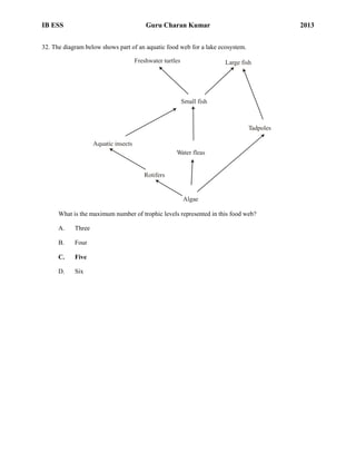 IB ESS

Guru Charan Kumar

2013

32. The diagram below shows part of an aquatic food web for a lake ecosystem.
Freshwater turtles

Large fish

Small fish

Tadpoles
Aquatic insects
Water fleas

Rotifers

Algae

What is the maximum number of trophic levels represented in this food web?
A.

Three

B.

Four

C.

Five

D.

Six

 