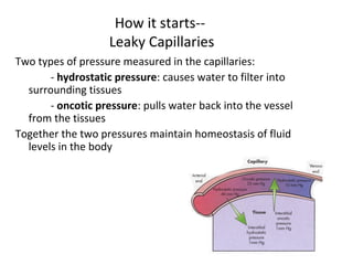 How it starts--
Leaky Capillaries
Two types of pressure measured in the capillaries:
- hydrostatic pressure: causes water to filter into
surrounding tissues
- oncotic pressure: pulls water back into the vessel
from the tissues
Together the two pressures maintain homeostasis of fluid
levels in the body
 