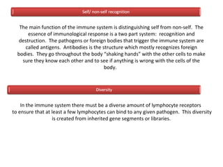 The main function of the immune system is distinguishing self from non-self. The
essence of immunological response is a two part system: recognition and
destruction. The pathogens or foreign bodies that trigger the immune system are
called antigens. Antibodies is the structure which mostly recognizes foreign
bodies. They go throughout the body “shaking hands” with the other cells to make
sure they know each other and to see if anything is wrong with the cells of the
body.
In the immune system there must be a diverse amount of lymphocyte receptors
to ensure that at least a few lymphocytes can bind to any given pathogen. This diversity
is created from inherited gene segments or libraries.
 