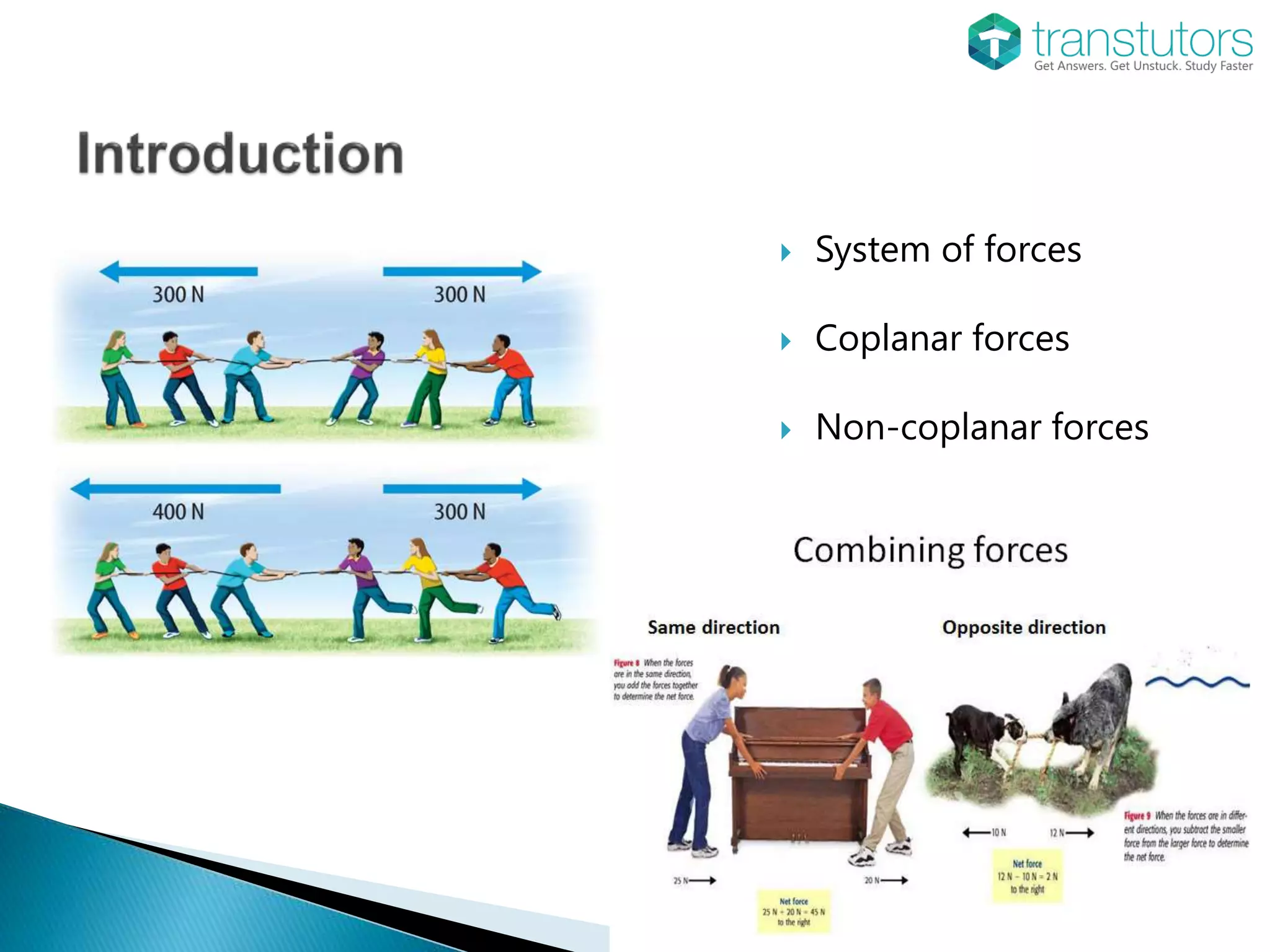  System of forces
 Coplanar forces
 Non-coplanar forces
 