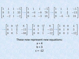 These now represent new equations:a = 4b = 3c = -12